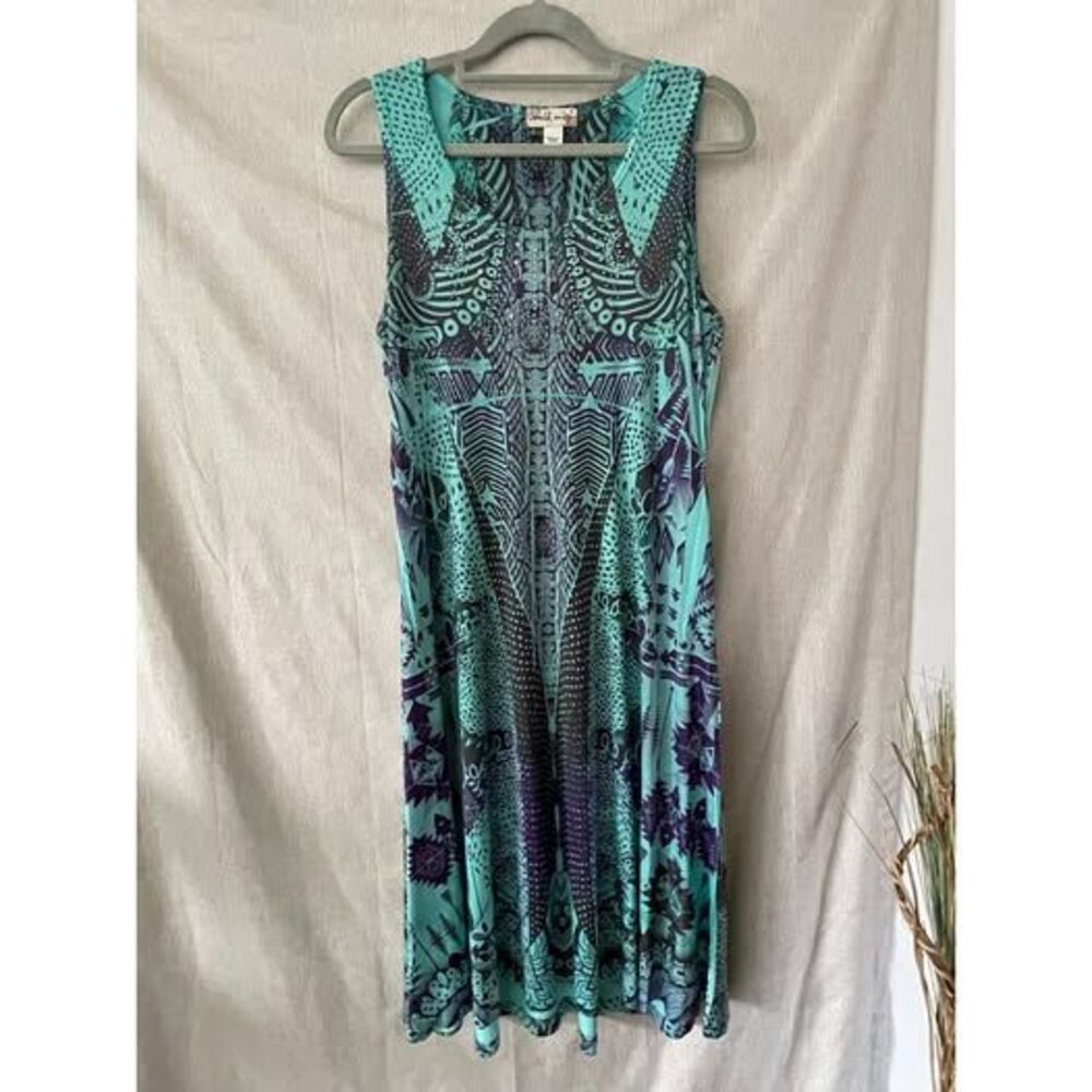 World Unity Teal Purple Geometric Rhinestone Studded Sleeveless Dress Small S